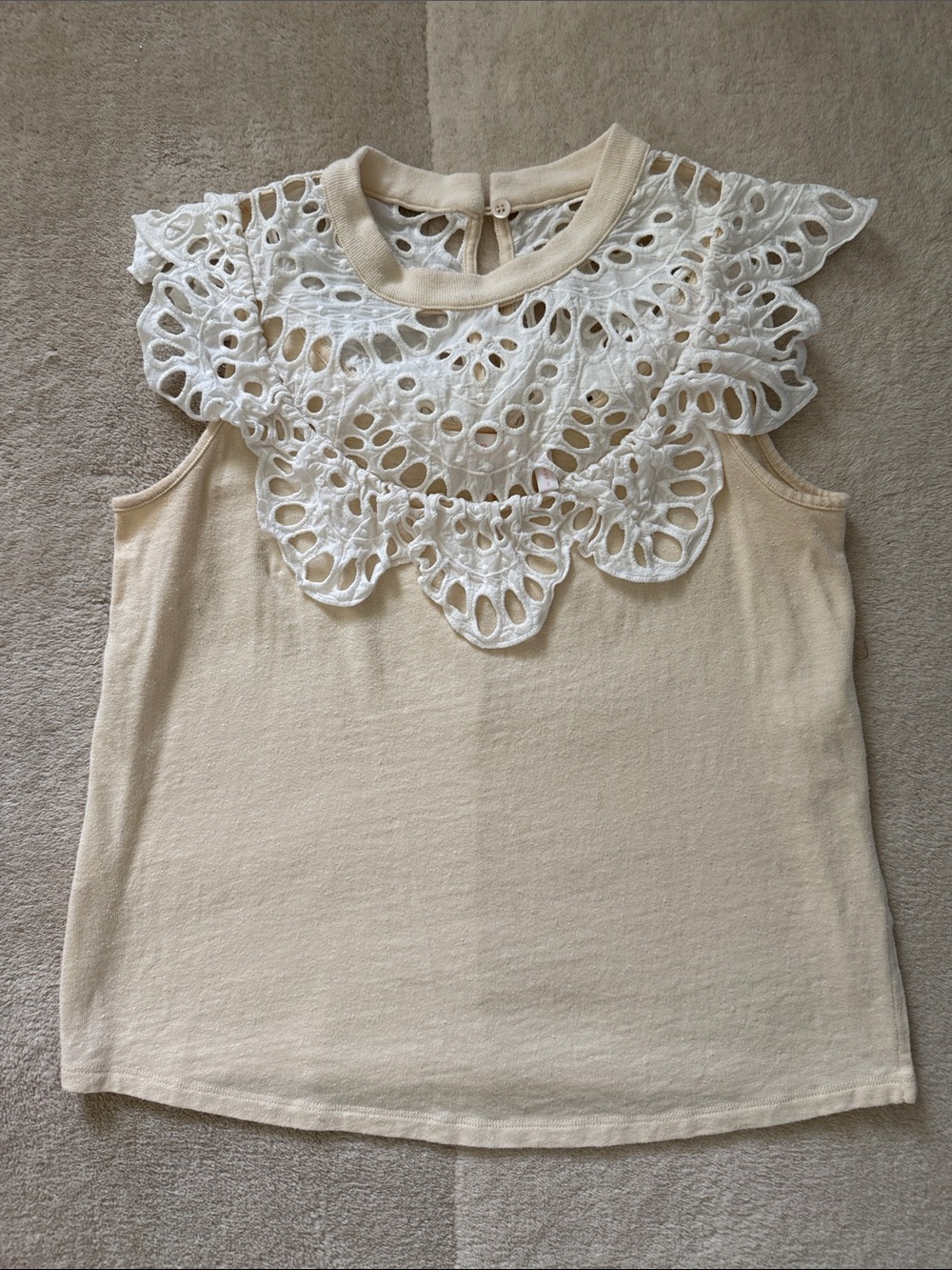 See By Chloé Cream Sleeveless Top with White Lace Yoke